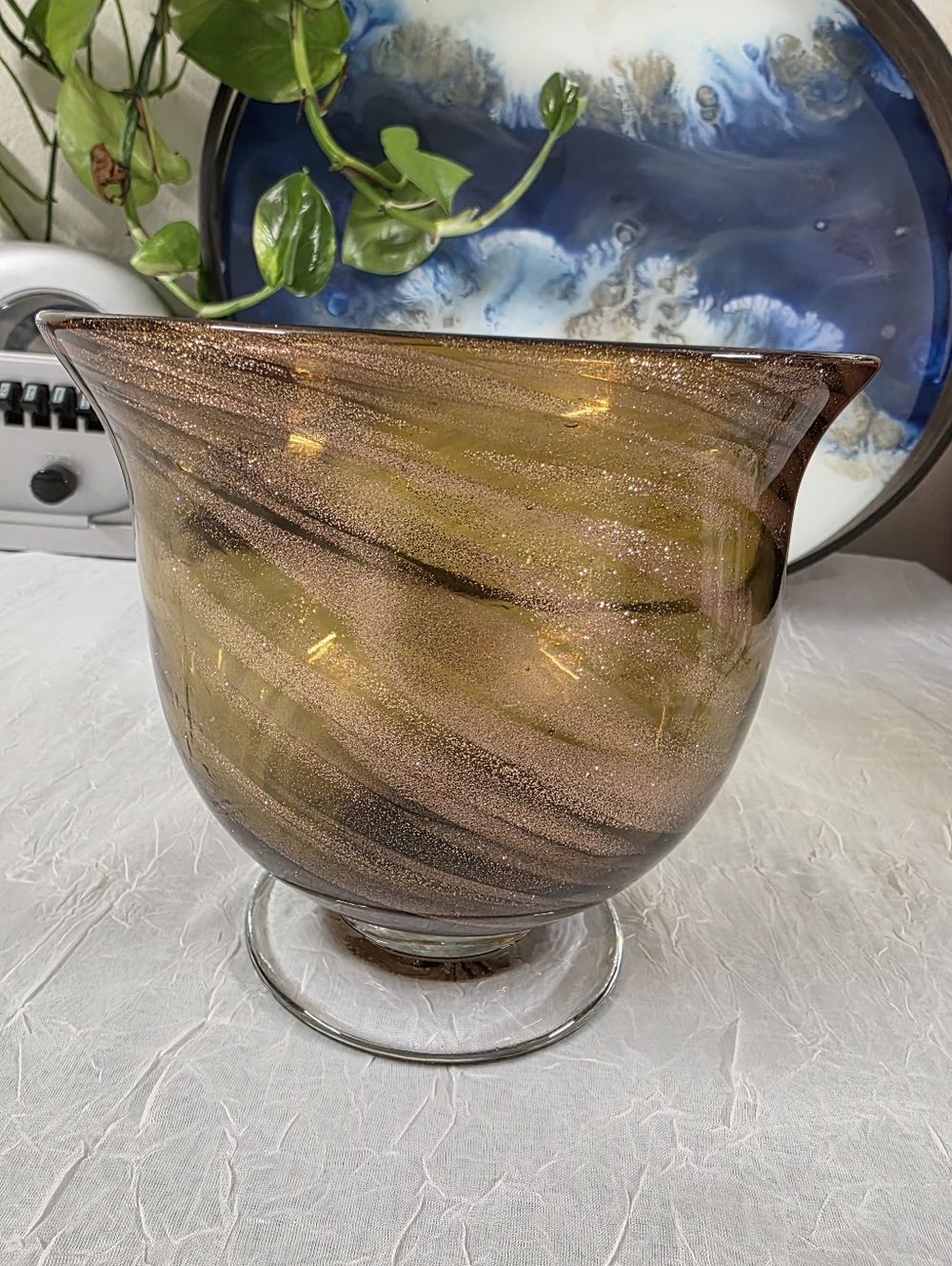Amber and Gold Glitter Swirl Wide opening Hand Blown Vase With A Pedestal
